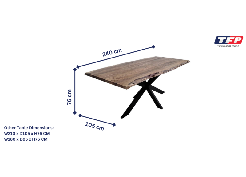 Wooden Rectangle Dining Table Made with Solid Acacia Wood, Featuring Curved Edge Design and Metal Legs - Eden